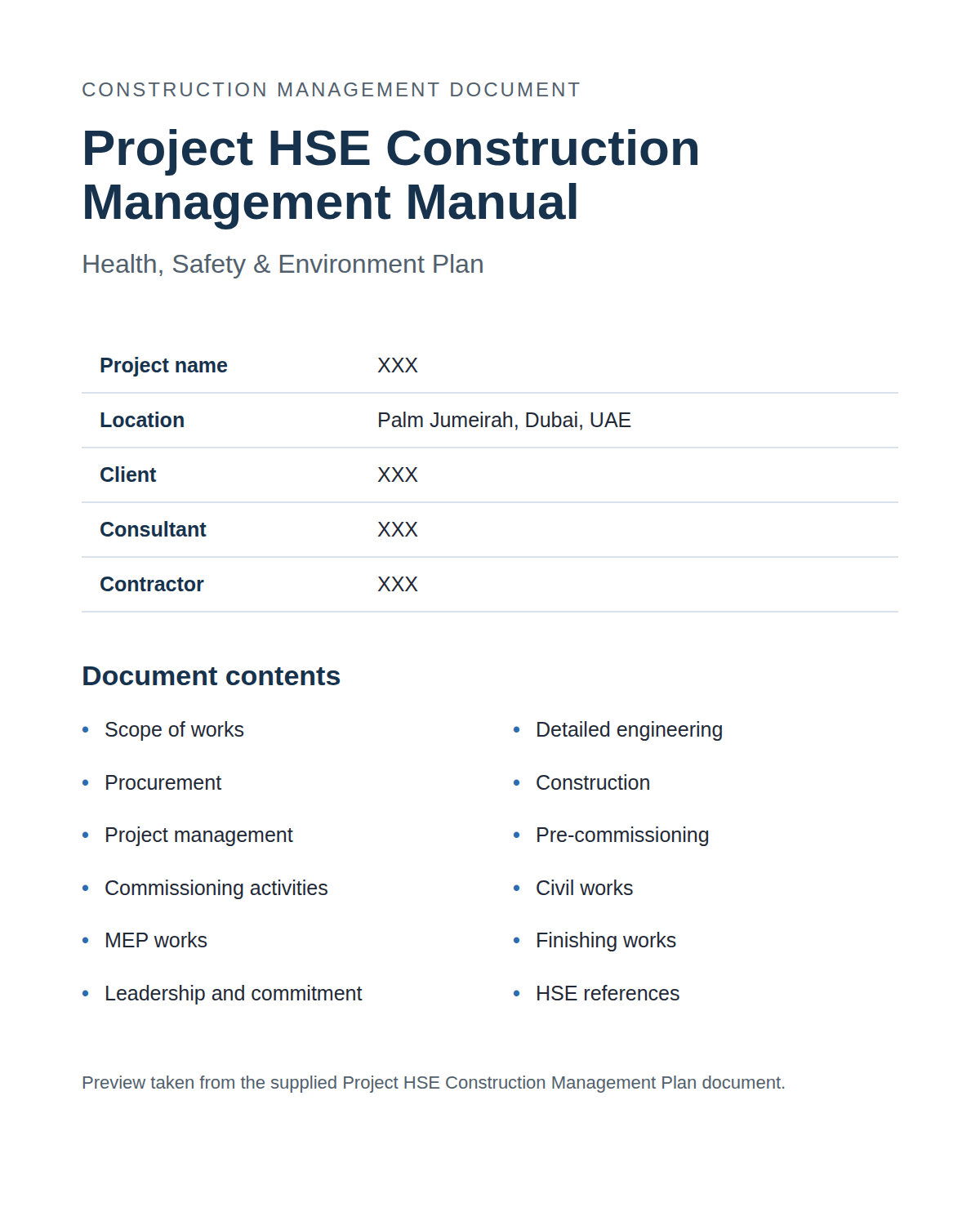Project HSE Construction Management Manual document preview
