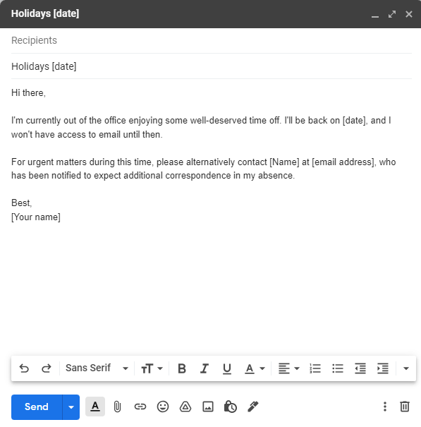 out of office automatic reply email example